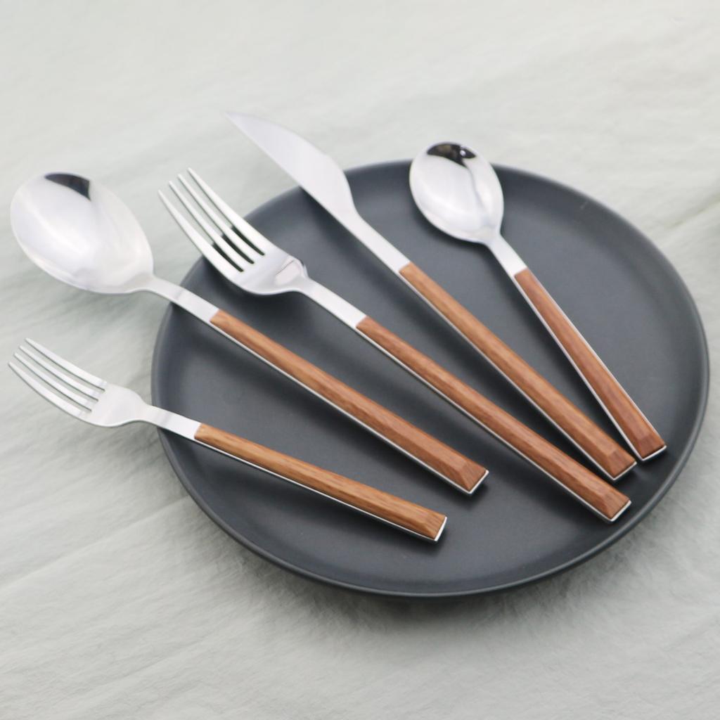 5 st Trähandtag serviser Western bestickset i rostfritt stål Knivgaffel Kaffe Tesked Silverservis Köksservis set