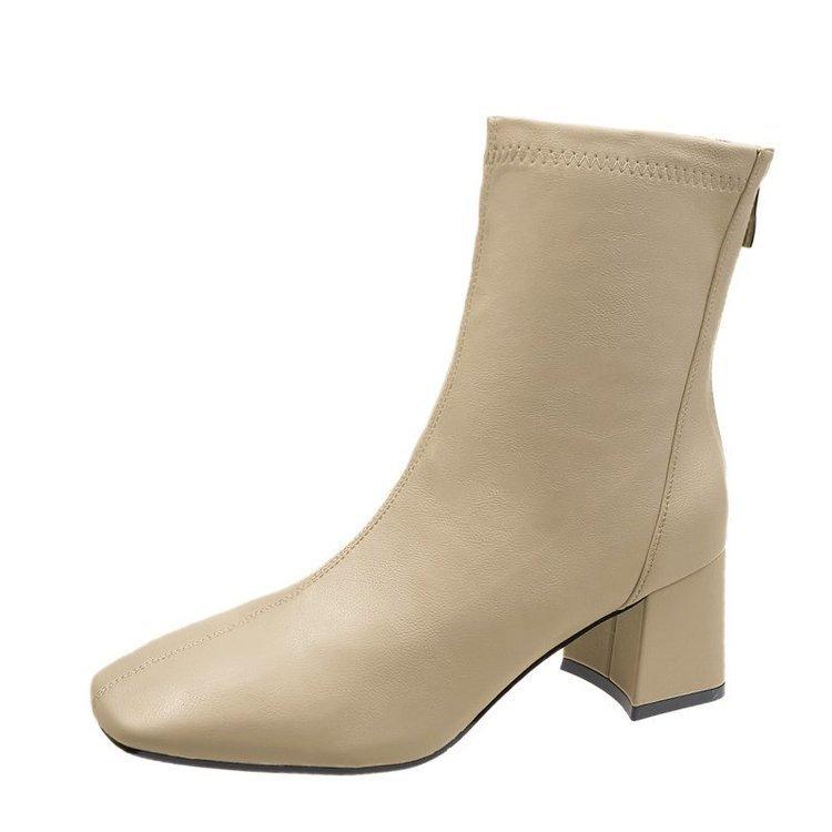 

Корея Дунгуань Площадь Носок Ботинки Мартин Высокий Толстый Каблук Короткие Ботинки Женские Облегающие Мягкая Кожа Эластичные Облегающие Ботинки 40 телесный