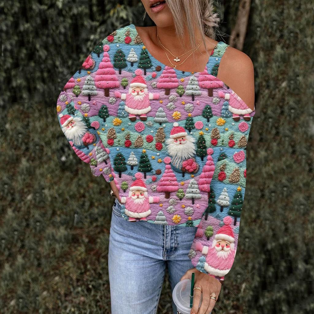 Women's Hollowed Out Fashionable Casual Floral Print Off Shoulder Hoodie Top Christmas