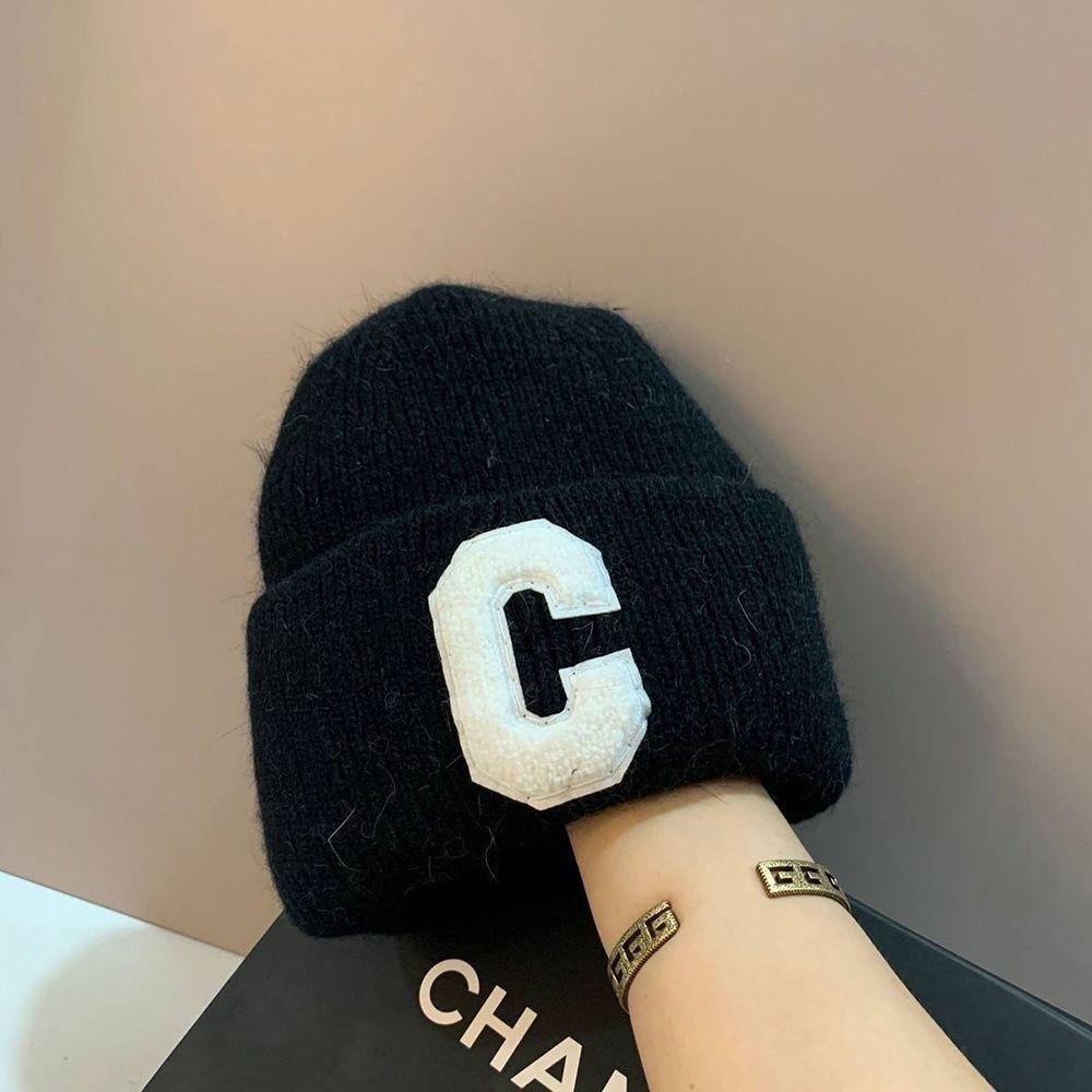Knit Beanie Hat Angora Rabbit Hair Double Fold Letter C Rhinestone Winter Warm Soft Conical Skullcap Women