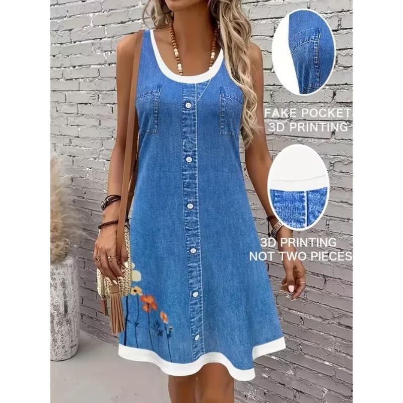 Women's Geometric Pattern Printed Sleeveless Round Neck Dress Loose Soft and Comfortable Plus Size Dress