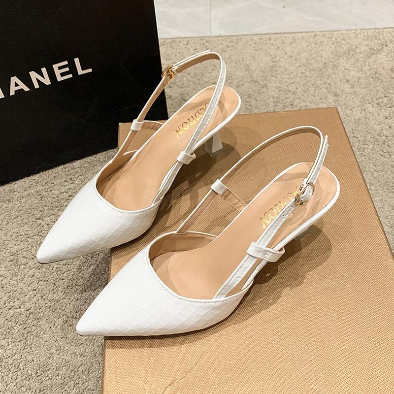 Spring Women's Pumps Belt Buckle Back Strape Med Heel Solid Pointed Toe Ladies Heels Office Luxury Casual Ins Khaki Female Shoes