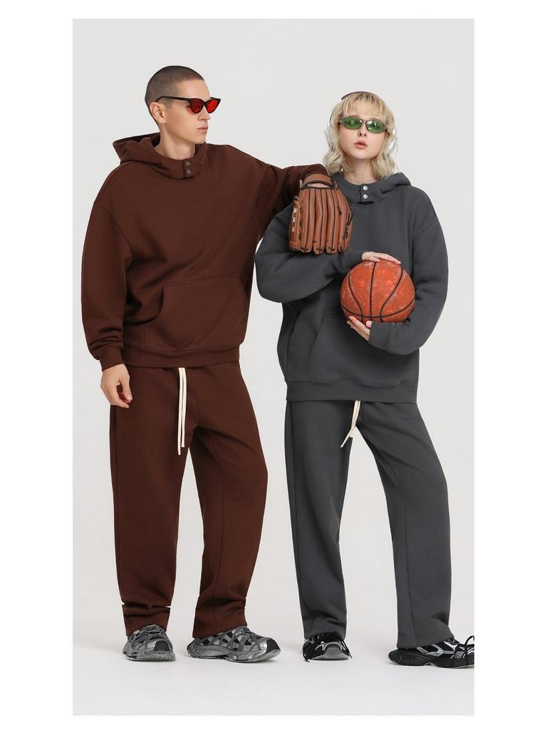 2025 Autumn/Winter Fleece-Lined Hooded Sweatshirt & Pants Set – Men's Trendy European/American Basic, Solid Color, 510g.