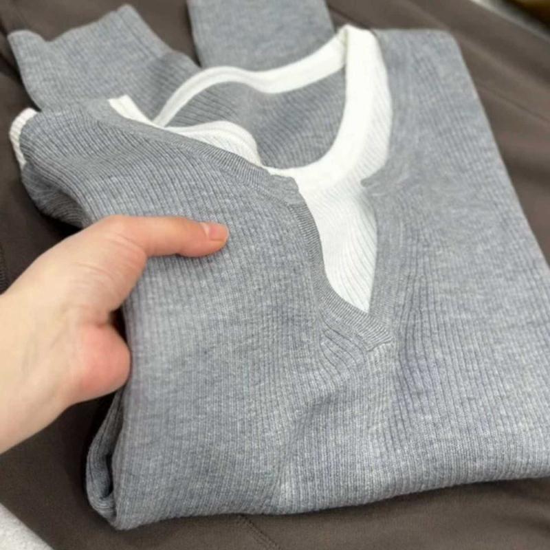 Youthful Color Block Fake Two Piece Knit Sweater Women Spring Soft Plush Long Sleeve Inner Wear Top Base Layer