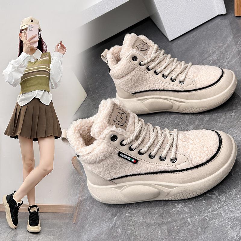 

Плюшевая спортивная обувь для женщин, кроссовки на толстой подошве со шнуровкой, женская теплая повседневная обувь