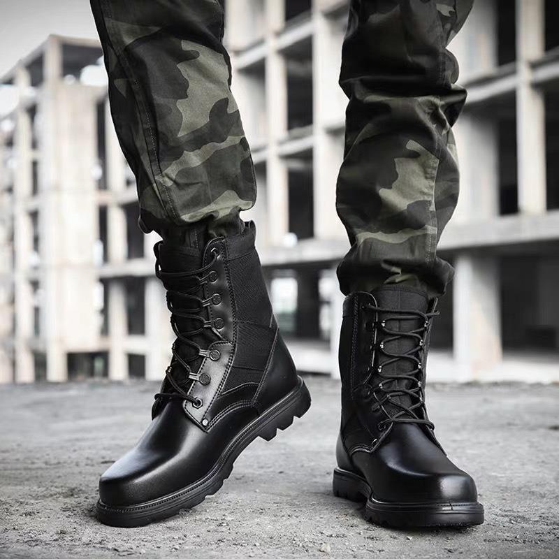 Men's Security Boots Black High-top Leather Boots Outdoor Tactical Combat Boots Anti Slip Hiking Boot Hunting Safety Shoes Botas