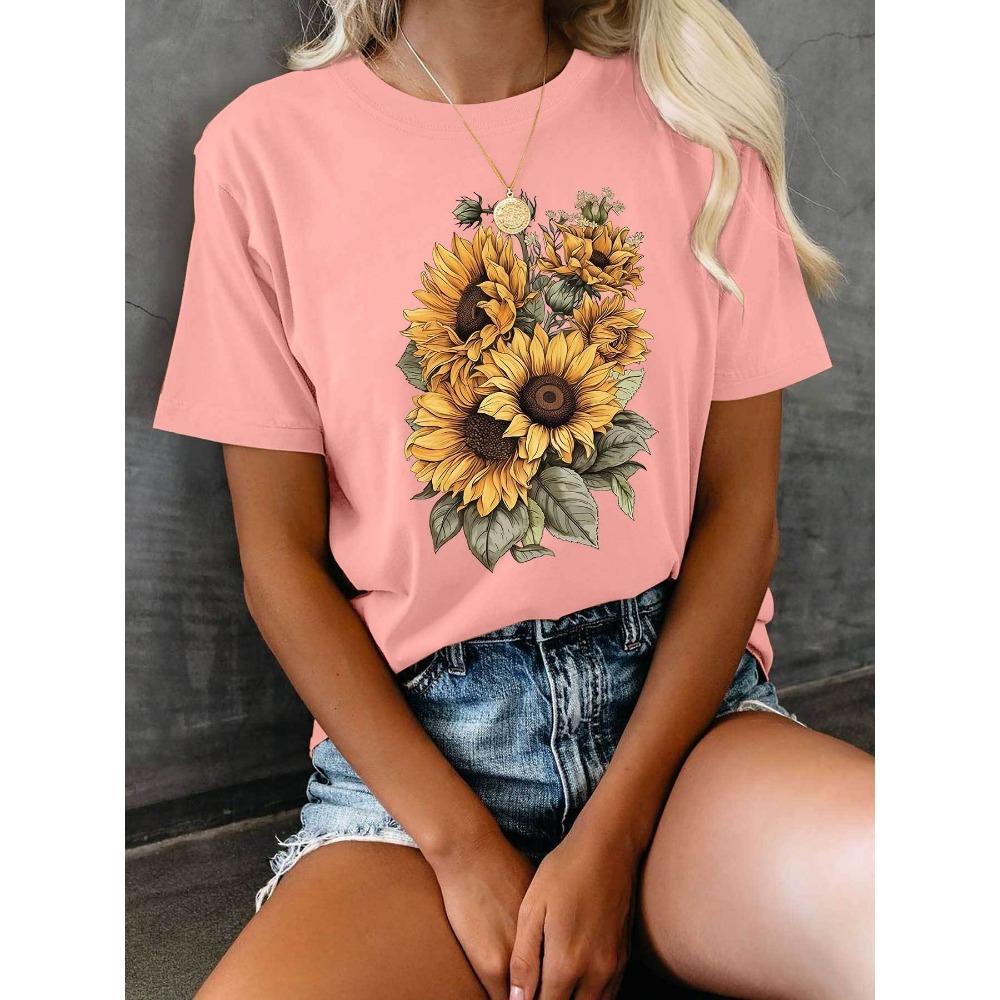 

Women s casual short sleeved round neck T-shirt with vibrant sunflower print, summer style comfortable T-shirt for women 6XL
