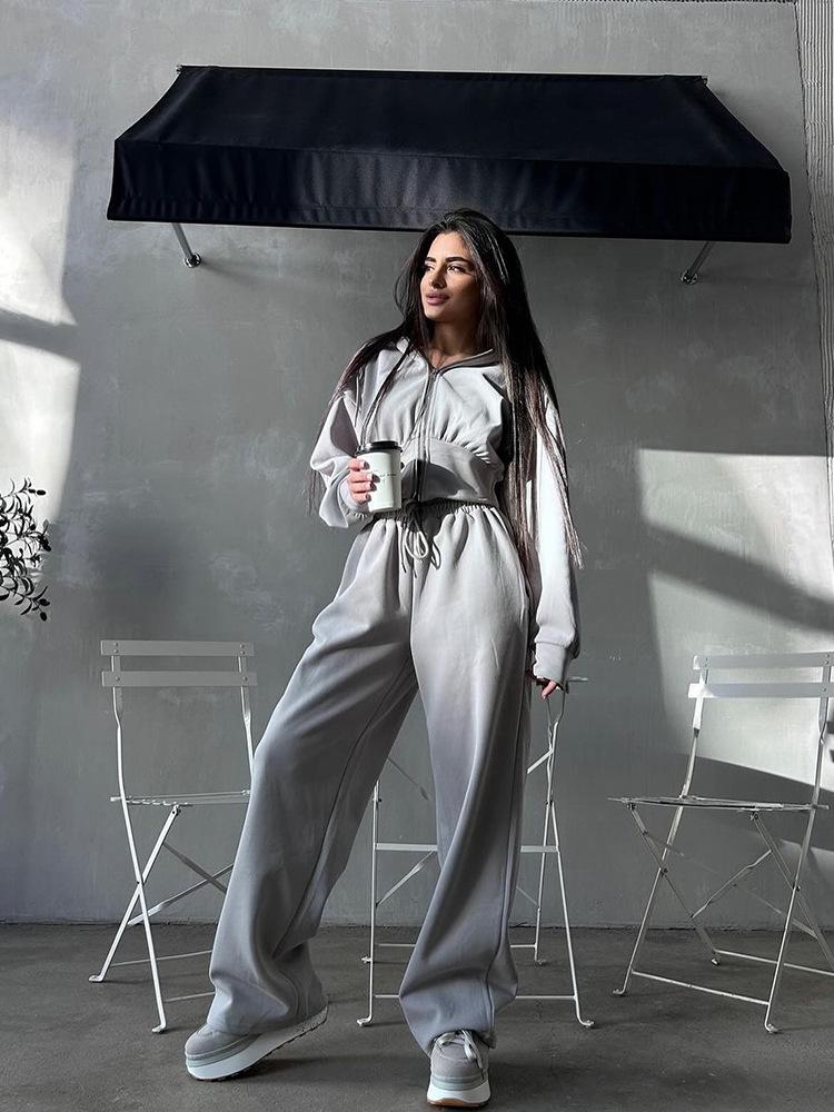Women's Casual Solid Color Hoodie & Lace-up Pants Two-Piece Set