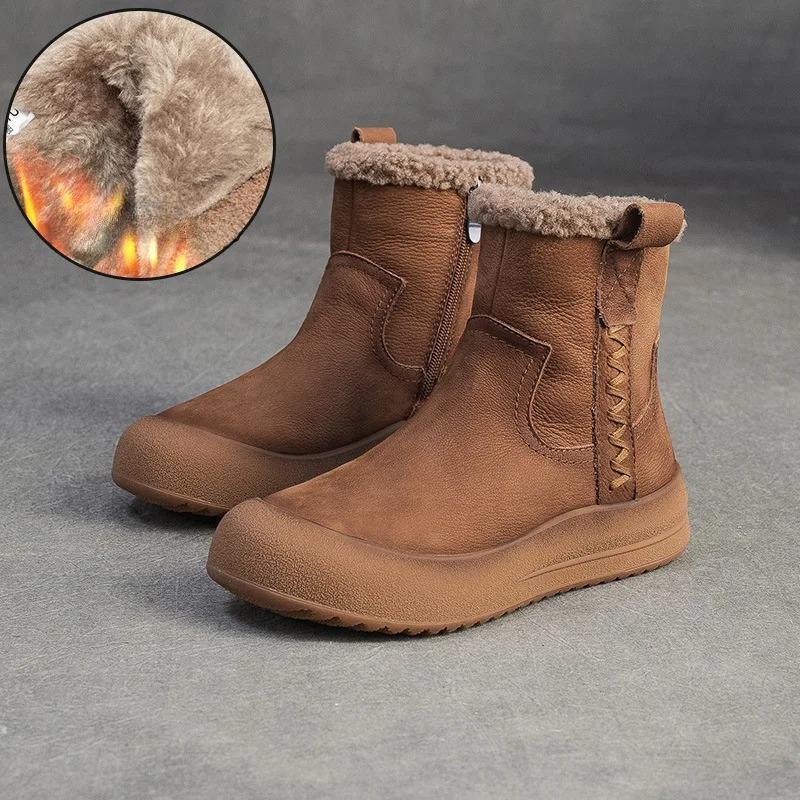 Johnature Plush Warm Retro Genuine Leather Thick Bottom Short Boots Versatile Soft Soled Women's Shoes