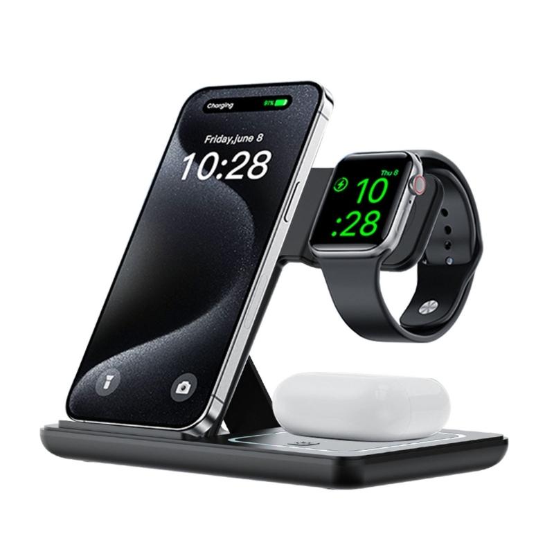 3 In 1 Wireless Charging Desk Stand Space Saving For S24 S23 Watch Earphone Fast Charging Phone Watch Earphone Foldable