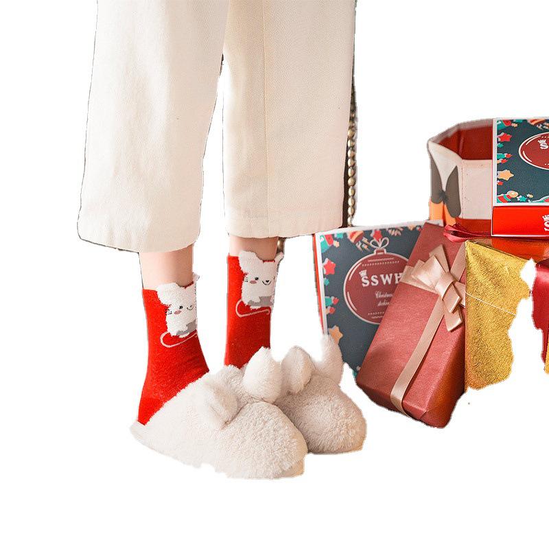 Damen Weihnachts-Mittelwaden-Tier-Socken, Koreanischer Stil, Reine Baumwolle, Geschenkset, Benming Jahr Neujahrsedition.