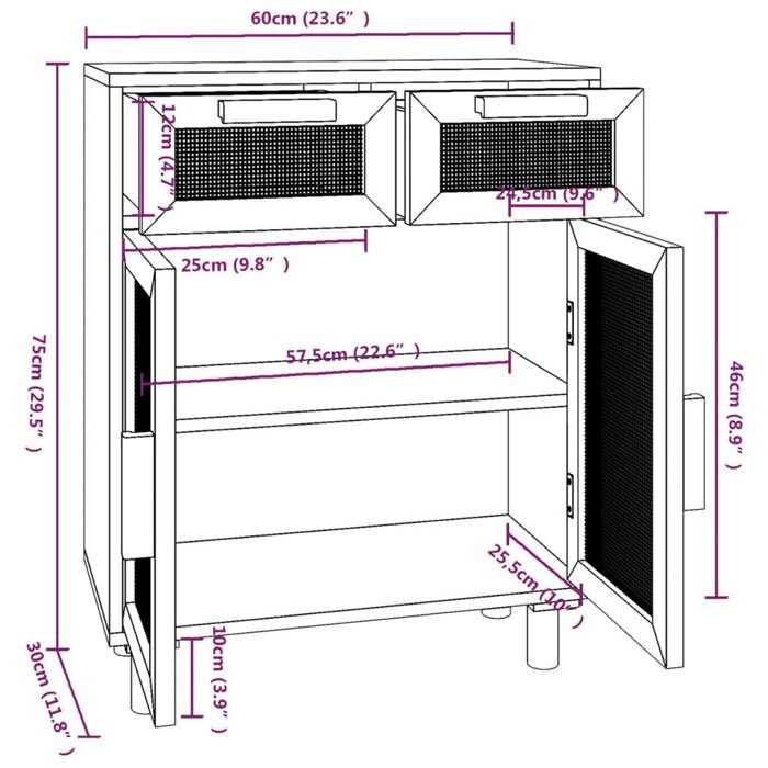 VidaXL Buffet Noir 60x30x75 cm Bois de pin massif et rotin naturel 345637