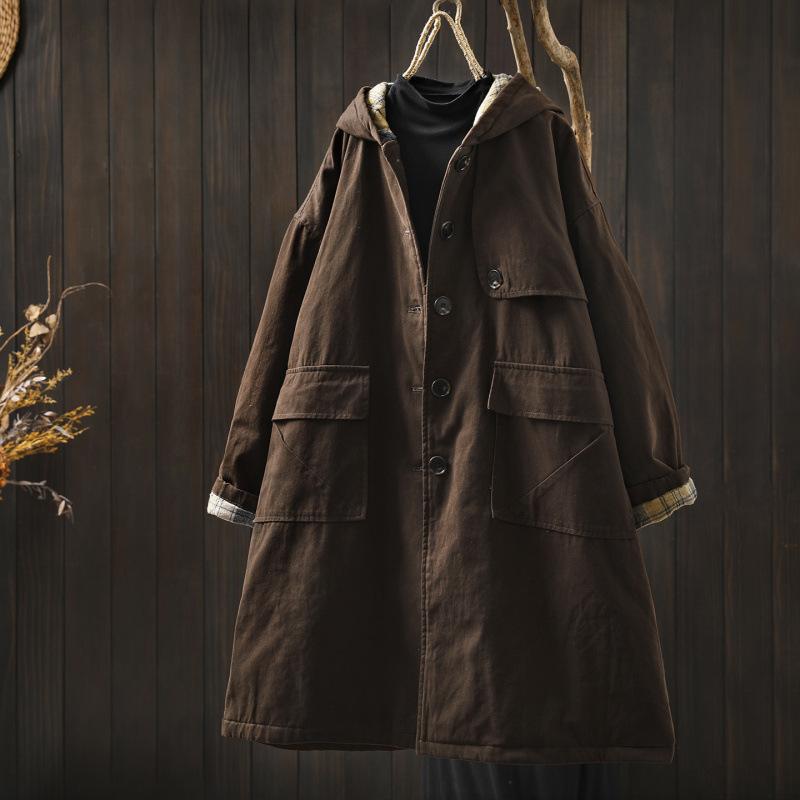 

Johnature Women Vintage Hooded Button Winter Coats Solid Color Patchwork Pockets Warm Long Coats One Size кавовий