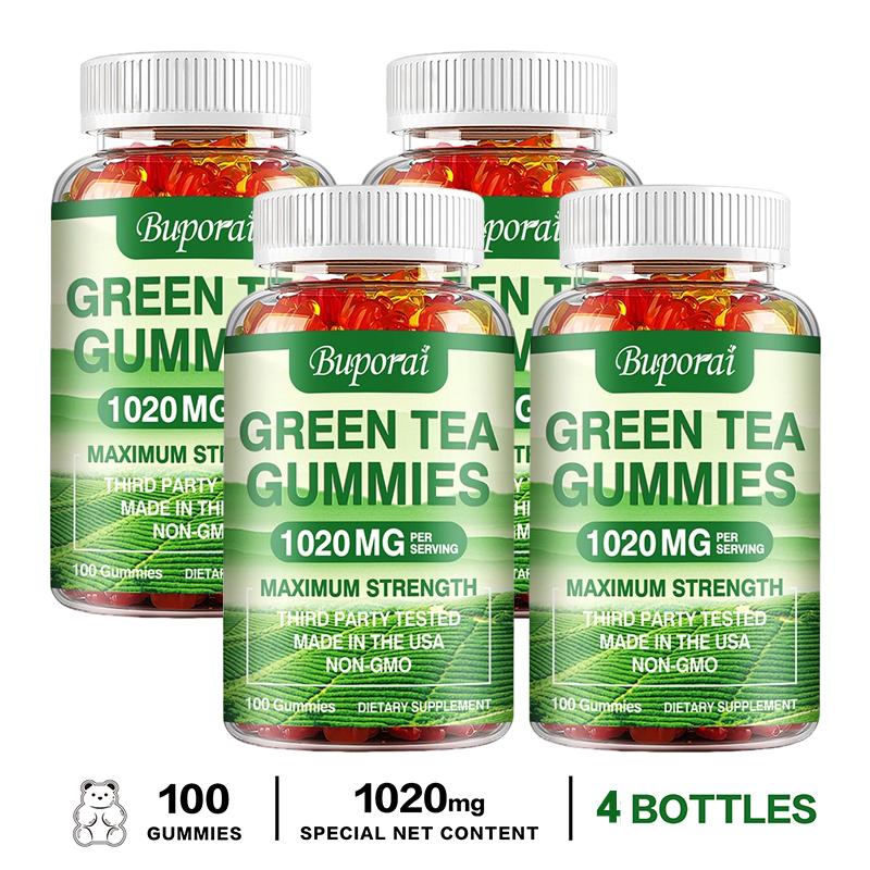 Green tea gummies; 1,020 mg per serving; contains Garcinia Cambogia, raspberry ketone, and coffee bean extract; promotes digestion.