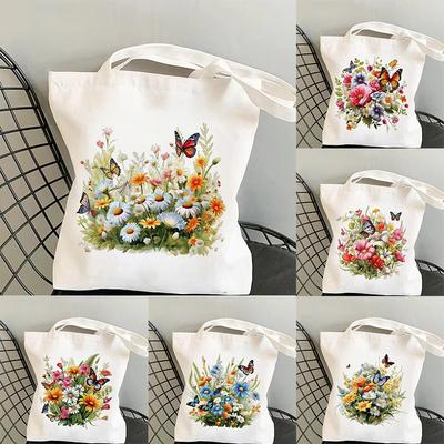 Frühlingshafter Blumen-Gras-Druck Canvas Tragetasche Trendige Funktionelle Tasche Ideal für Pendeln, Einkaufen und Tragen täglicher Notwendigkeiten