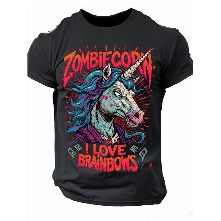 Zombie Unicorn Graphic T-Shirt for Men, Short Sleeve Crew Neck Soft Cotton Tee with Colorful Horror Fantasy Print, Casual Daily Wear