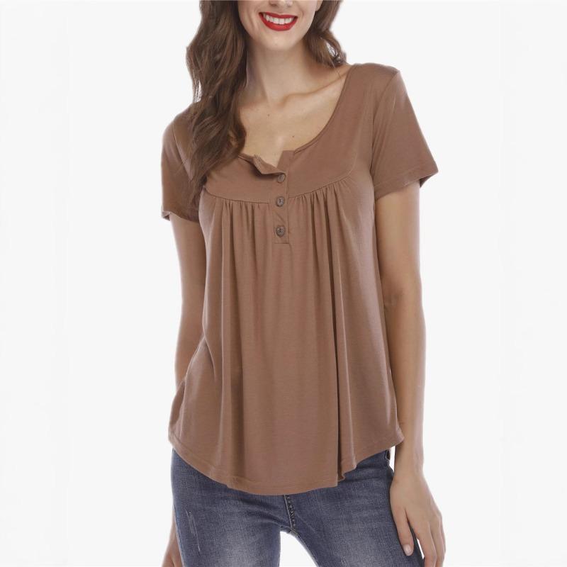 Women's Summer Pleated Button Loose Fashion Short Sleeved T-shirt Top