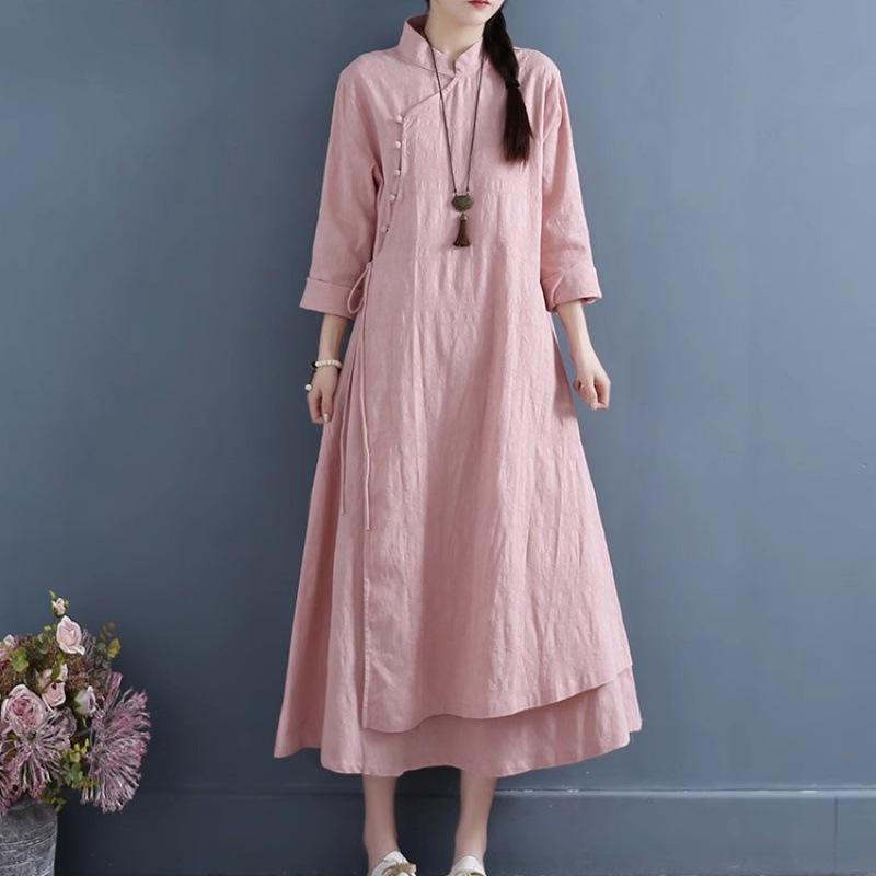 2024 Women's Double Layer Chinese Frog Button Cotton Linen Dress for Spring/Autumn - Retro Zen Tea Ceremony Style
