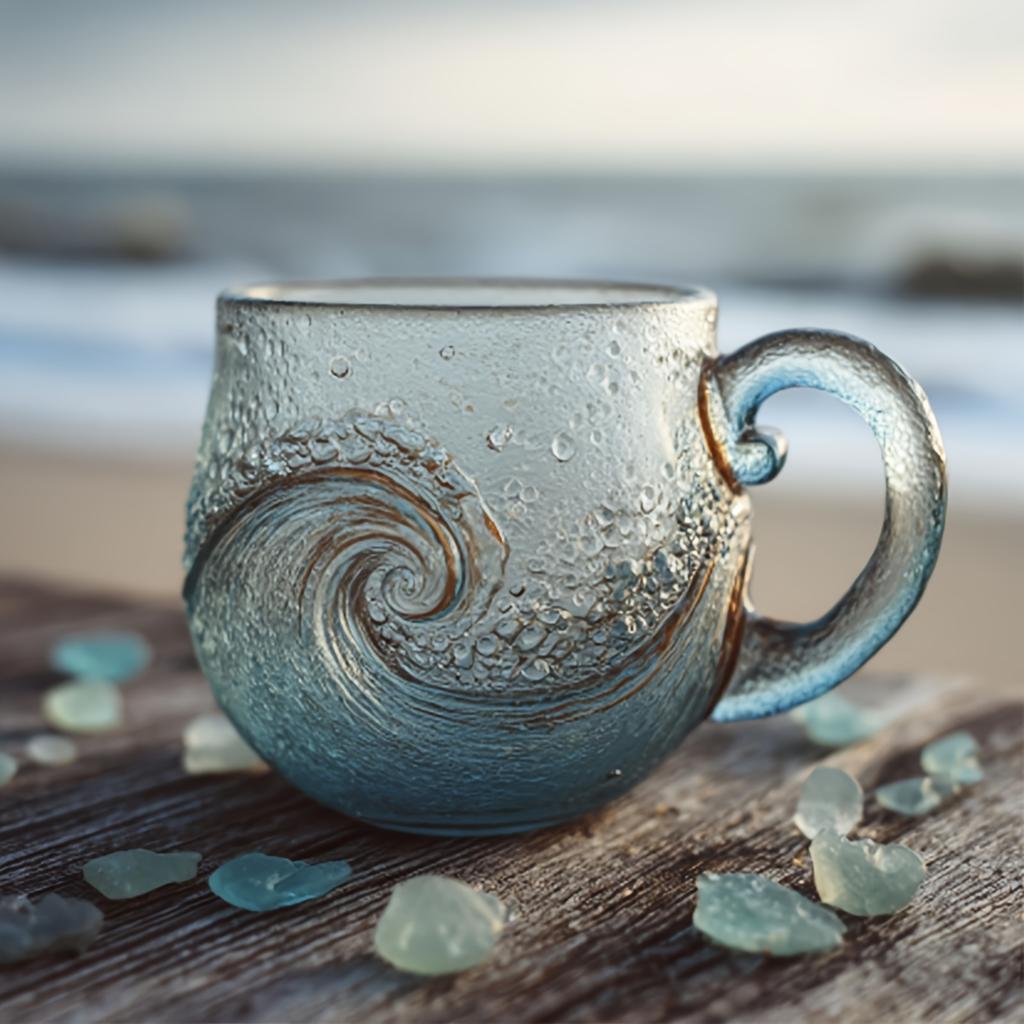 Sea Glass Wave Mug, Unique Textured Beach Theme Drinkware Handcrafted with Blue Swirls, Sea-Inspired Cup for Tea, Coffee, Wine, or Roostertails