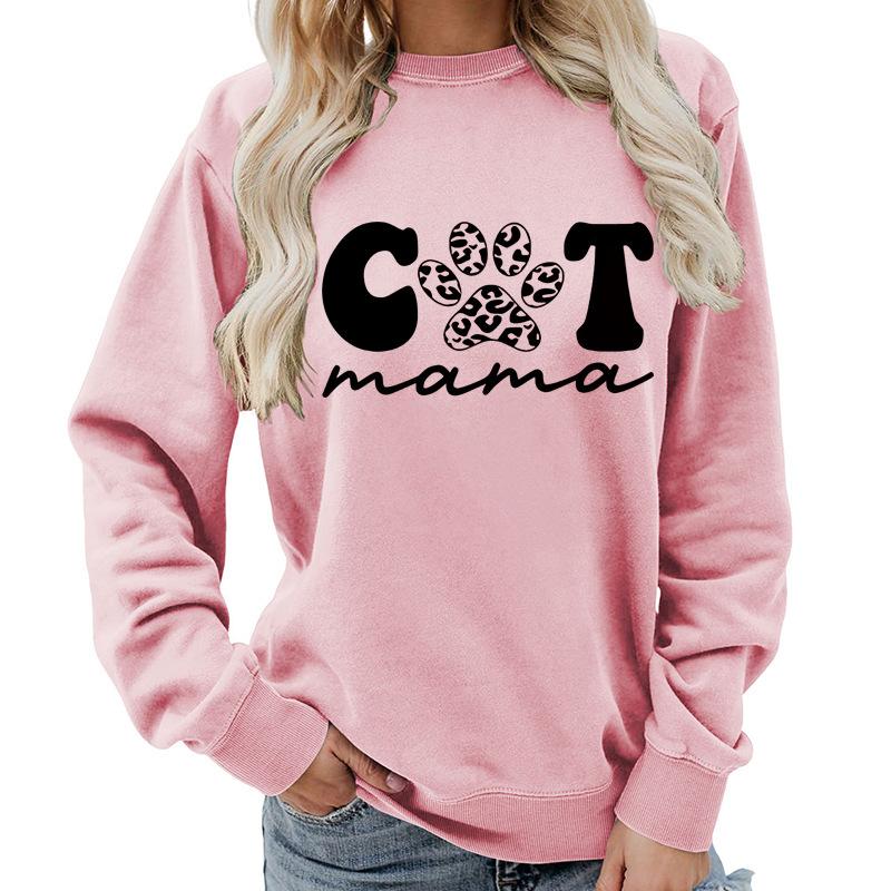 Women's Fashion Round Neck Long Sleeve Colorful Cat  Letter Top Sweatshirt