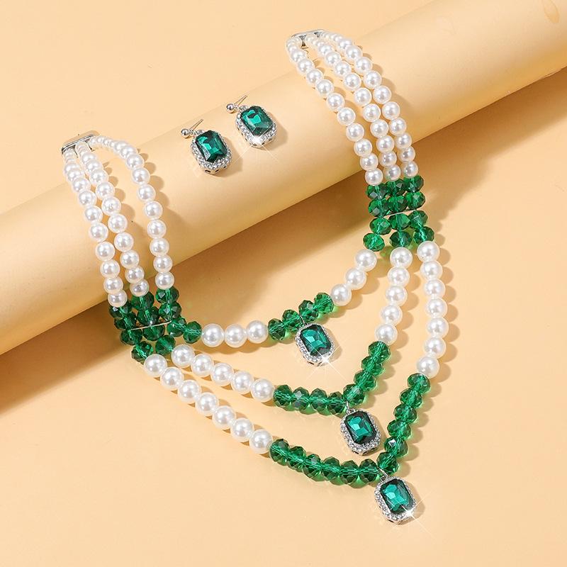 Geometrische Mehrschichtige Imitation Perle Kristall Halskette Ohrstecker Party Imitation Perle Diamant Halskette Schmuckset