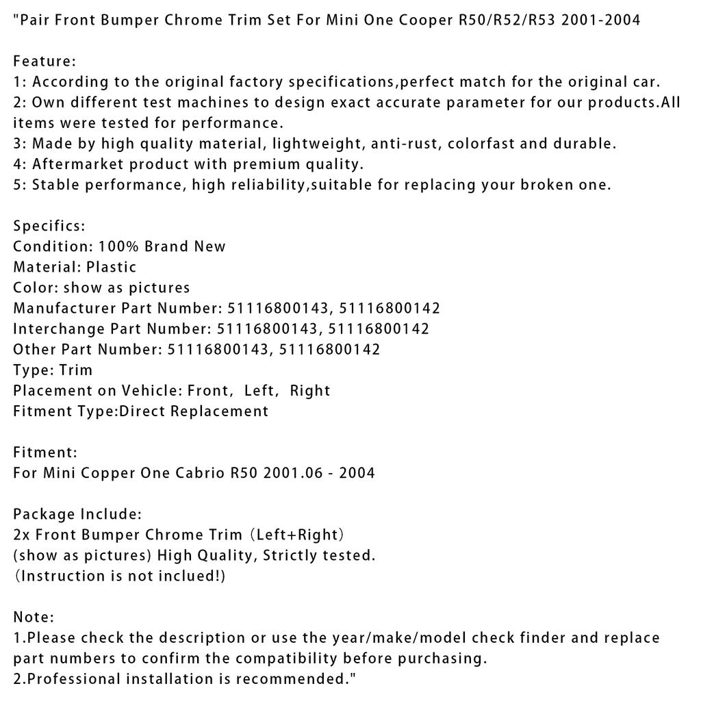 Pair Front Bumper Chrome Trim Set For Mini One Cooper R50/R52/R53 2001-2004