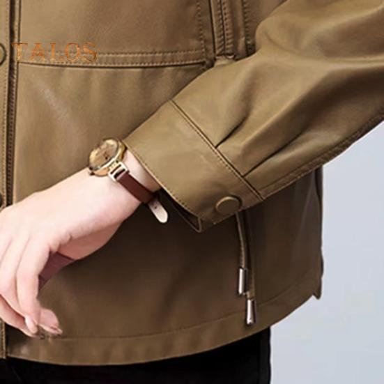 Damenjacke Kunstleder Glatte Oberfläche Umlegekragen Einreihig Taschen Lange Ärmel Retro Motorradmantel Übergröße Reiseoberbekleidung