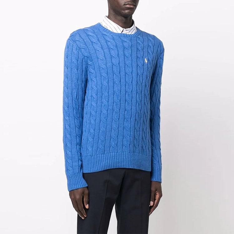 Polo Ralph Lauren FW22 Solid Color Small Pony Embroidered Cable Knit Crew Neck Long Sleeve Sweater Men sweater Blue 710775885-037