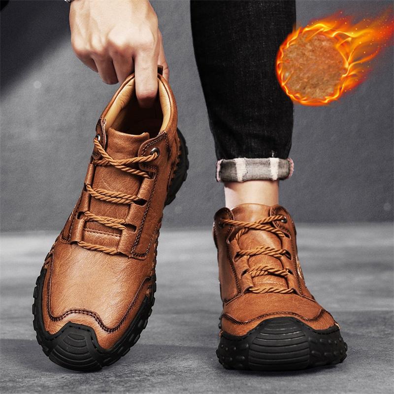 Mens Handmade Casual Leather Loafers Casual Shoes High Boots Leather Winter Sport for Men Soft and Comfortable Non-slip Cotton-padded Ankle Boots