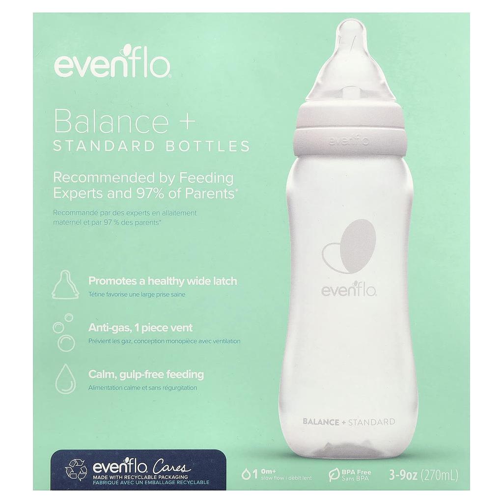 Evenflo Feeding, Balance+ Bottle, Standard, 0+ Months, Slow Flow, 3 Bottles, 270ml (9oz) Each