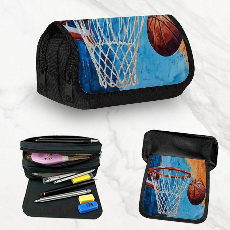 Painting Basketball Blue Orange - Pencil Case, Large Storage Pencil Case, High Capacity Bag Pouch Organizer, Large Storage Organizer for Stationery, P