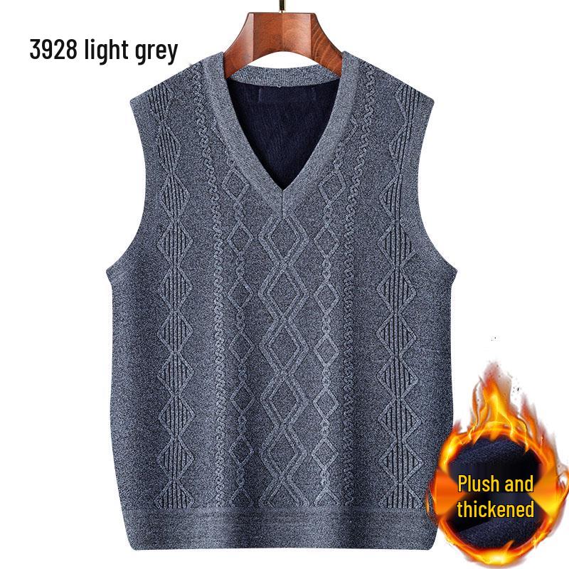 Dad's Fleece-Lined Sweater Vest: Warm Knitted Base Layer for Middle-aged and Elderly Men in Autumn and Winter.