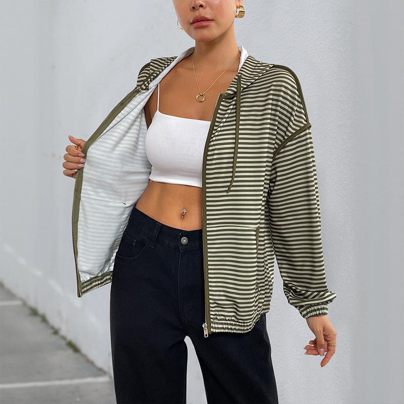 Neuer Herbst Reißverschluss Cardigan Koreanischer Lazy Style Kapuzenstreifen Damen Freizeitjacke