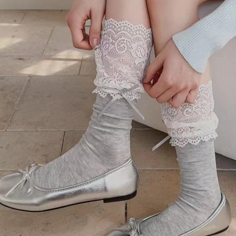 Summer Thin, Patchwork Lace Bow, Versatile Mid-calf Women's Socks, Ballet-style Socks