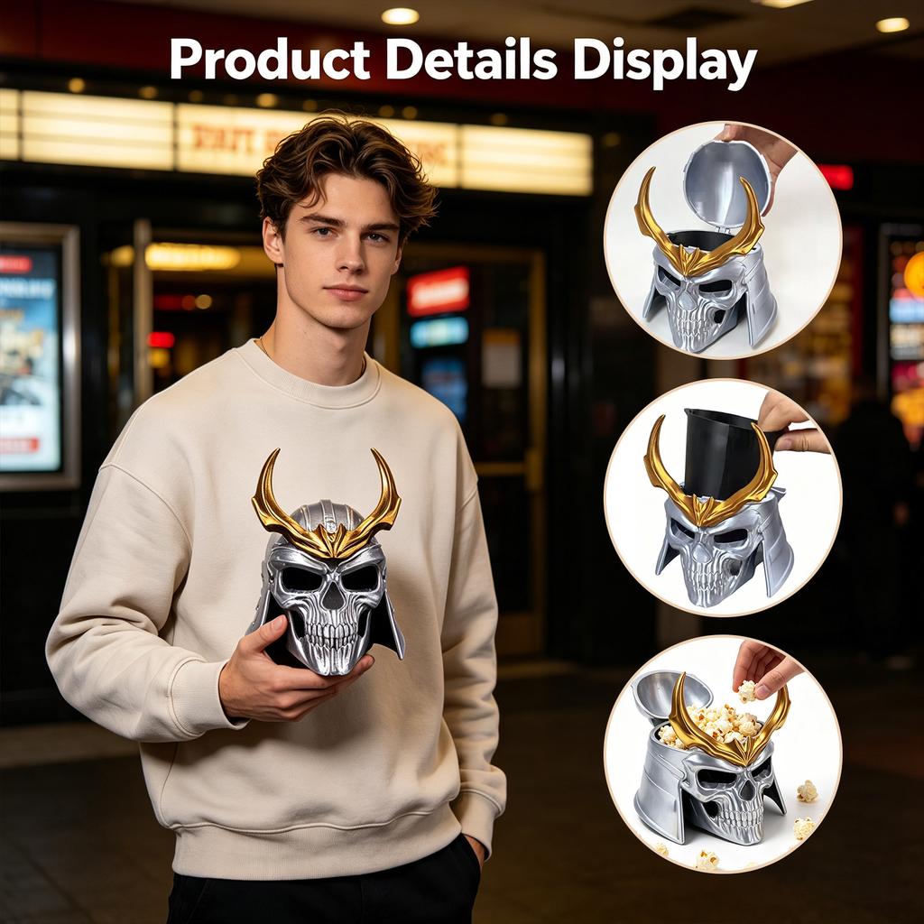 Samurajská lebková maska Popcornová nádoba Úložný box pro domácí dekoraci a sběratelské předměty Halloween Cosplay Kontejner