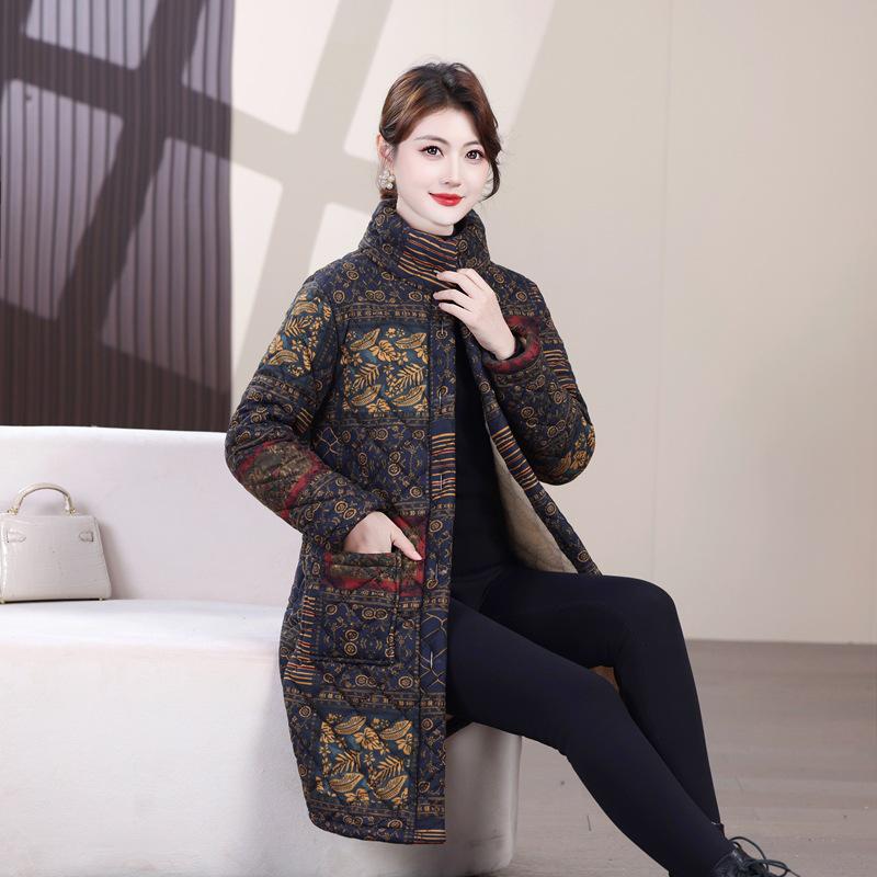 Floral Mid-Length Winter Cotton Jacket for Middle-Aged and Elderly Women - Warm and Stylish Outerwear.