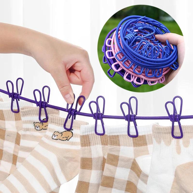 Portable Clothesline with 12 Clips Elastic Retractable Laundry Drying Rope Wind-Proof Clothes Hanging Line for Outdoor