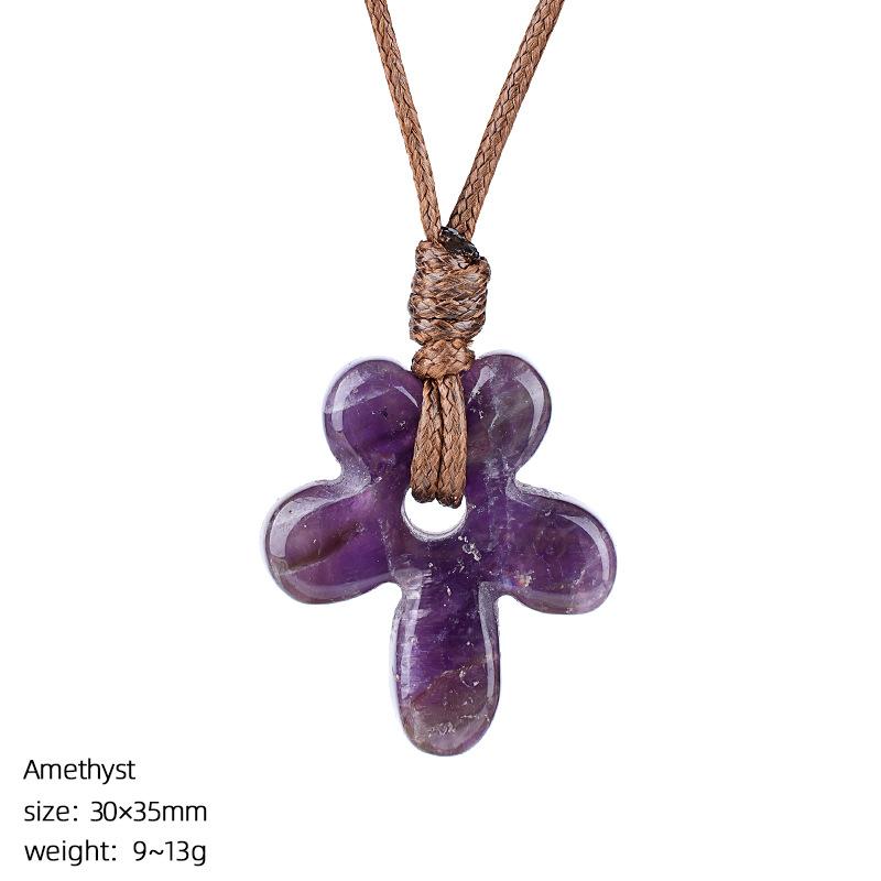 Natural Gemstone Flower Pendant Necklace Adjustable Woven Rope For Daily Wear Gifting Yoga Meditation