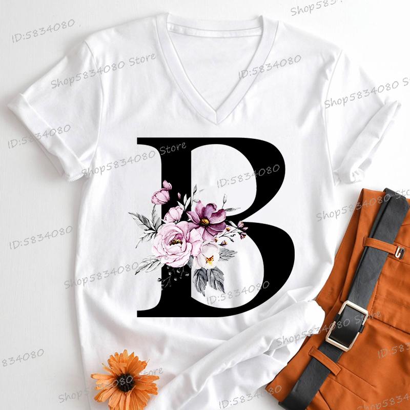 Vintage Flower Alphabet Womens Clothing Letter M Floral Monogram Graphic T Shirts Women AZ 26 Alphabet Gift Shirt for Women
