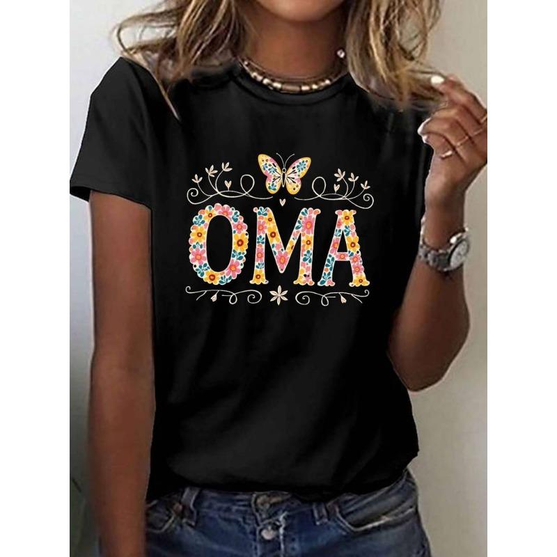 

Women s OMA Floral Geometric Butterfly Print Short Sleeve Crew Neck Casual Stretch Tee S чёрный