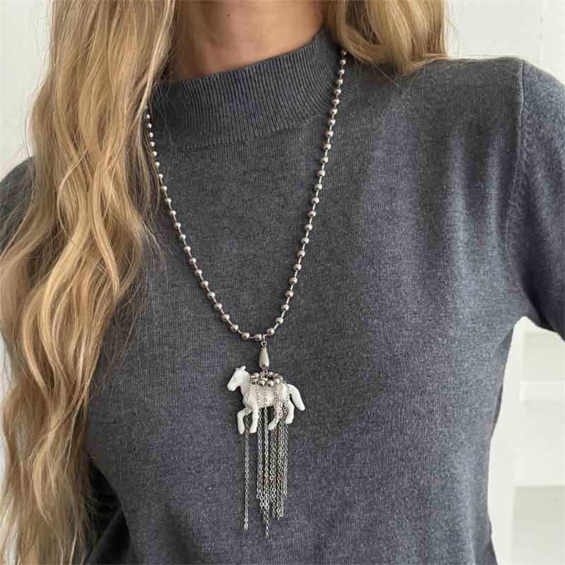 Stylish Tassels Necklace Featuring Adorable Horse Charm Adjustable Chain Length 61+7cm Neckchain Jewelry