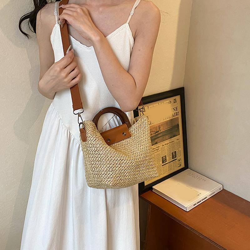 Yogodlns Summer Women Shoulder Bag Wooden Handle Handbag Woven Straw Bag Bohemian Casual Lady Beach Fashion Crossbody Bags