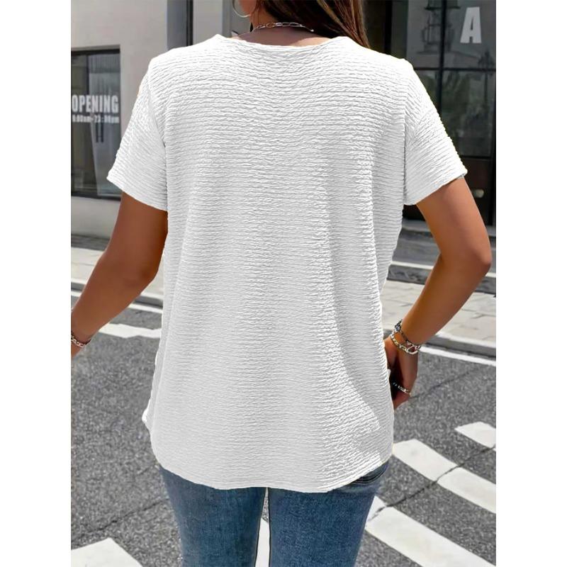 Camiseta Elegante Gola Boneca Tamanho Grande para Mulheres Cor Sólida Manga Curta Botões Plissados Tops Verão Solta Casual Simples Doce Camisa Roupa Feminina