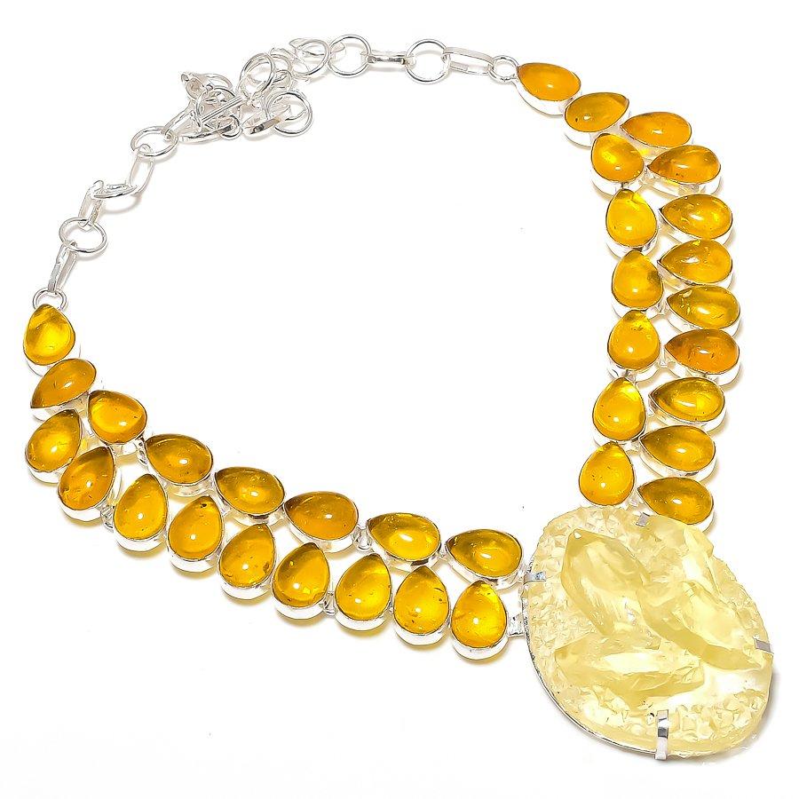 Natural Citrine Druzy, Amber 925 Sterling Silver Jewelry Necklace 18" R9G47