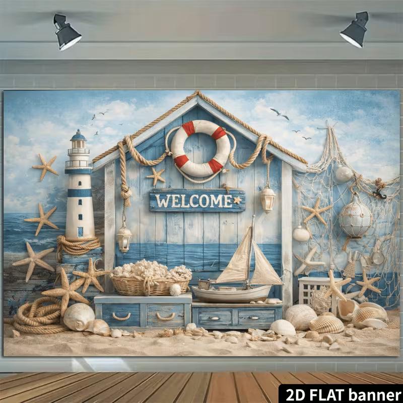 2D Vintage Beach House Nautical Backdrop with Fishing Net & Lifebuoy
