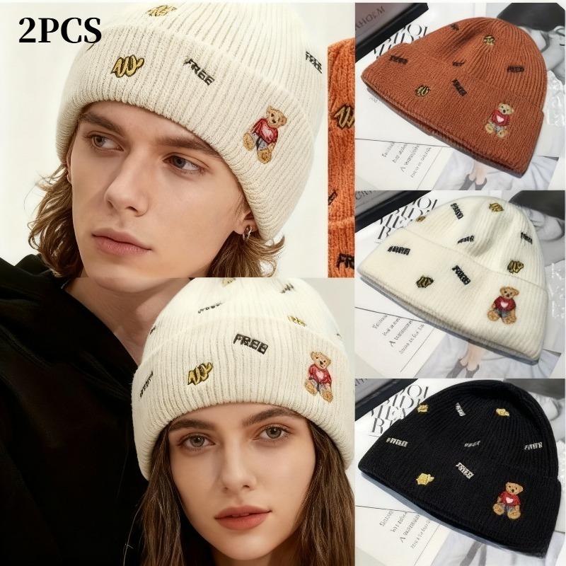 2pcs Men's and Women's Autumn and Winter Cute Cold Warm Cap Couple Cap Travel Holiday Set Head Cap Cute Bear Knitted Hat