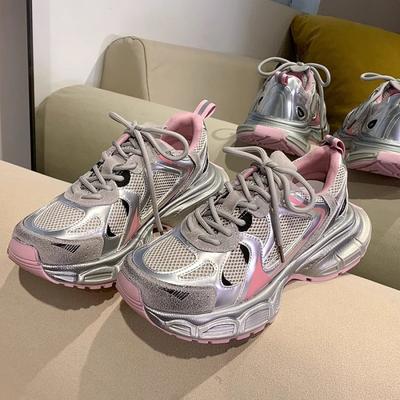 2024 Summer New Silver Pink Dad Shoes Women's Breathable Casual Running Shoes Versatile Lightweight Platform Sneakers