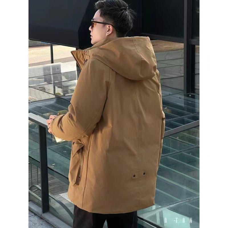 2025 Men's Black Hooded Mid-Length White Duck Down Parka
