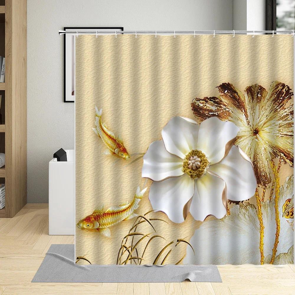 Vintage Watercolors Lotus Flower Leaf Shower Curtain Design Art Decor Waterproof Fabric Bath Curtains With 12 Hooks Sheer Home