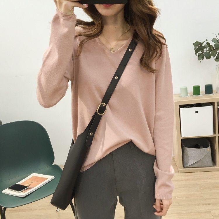 Women's V-Neck Knit Sweater: Large Size, Loose Fit, Slimming, Solid Color, Perfect for Early Autumn and Winter